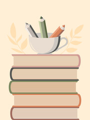 A stack of books and pencils in a cup on a soft pink banner, dedicated to World Book Day. Vector
