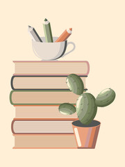 A stack of books with a potted cactus and pencils in a cup isolated on a soft pink background for World Book Day. 