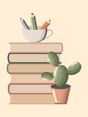 A stack of books with a potted cactus and pencils in a cup isolated on a soft pink background for World Book Day. Vector.