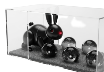 Matte black robotic rabbit emerging from clear acrylic cube with luminous obsidian spheres on silica beads, in transparent minimalist studio. Concept of synthetic life observation and advanced