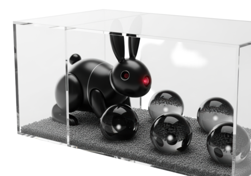 Matte black robotic rabbit emerging from clear acrylic cube with luminous obsidian spheres on silica beads, in transparent minimalist studio. Concept of synthetic life observation and advanced