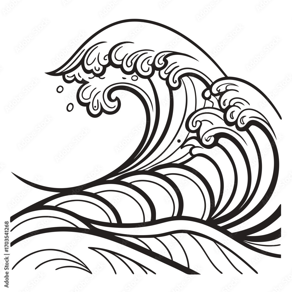 Poster illustration of a stylized black and white wave with intricate details and flowing lines design elem