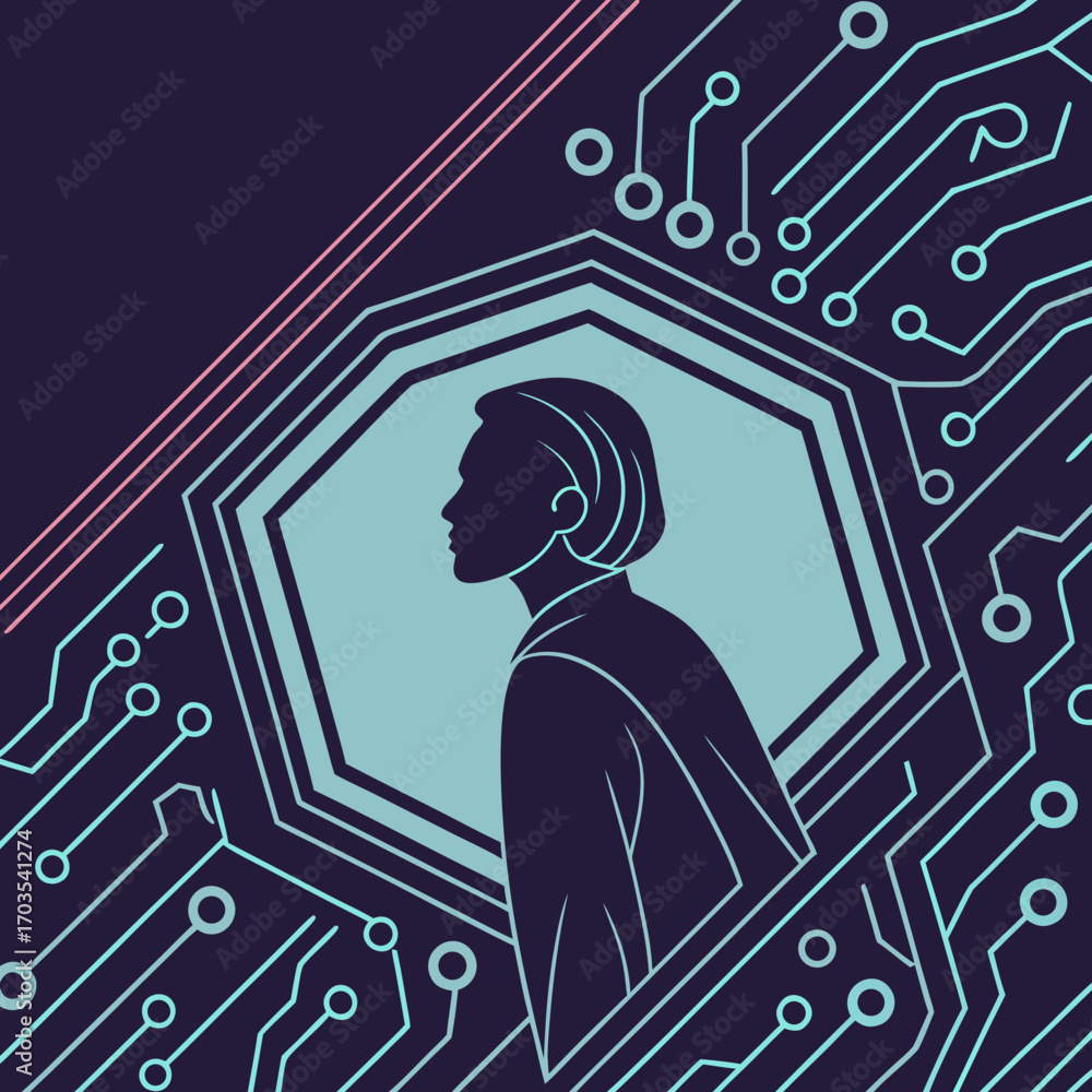 Poster silhouette of a person inside an octagon with circuit board design in shades of blue and pink colors