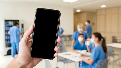A hand holds a black screen smartphone in the foreground, with medical professionals in blue scrubs and masks interacting in a bright, modern hospital breakr...
