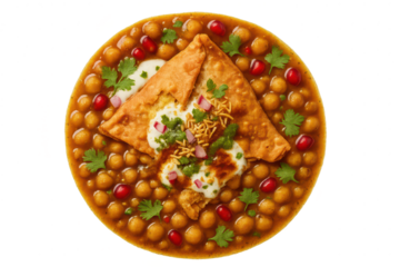 Delicious Indian Chole Samosa Chat isolated on transparent background, view from top