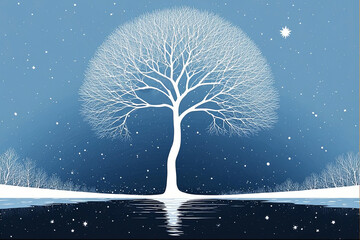 Winter tree with bare branches reflected in water under starry night sky, decorative illustration
