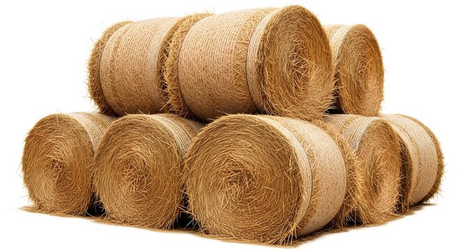 Close-up shot of neatly stacked rolls of coir fiber against a white background, showcasing a warm, natural color palette; ideal for agricultural or horticultural