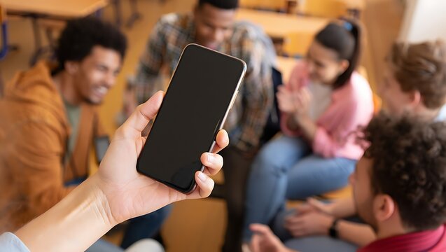 Hand holding a smartphone with a blank screen in front of a diverse group of young friends socializing.