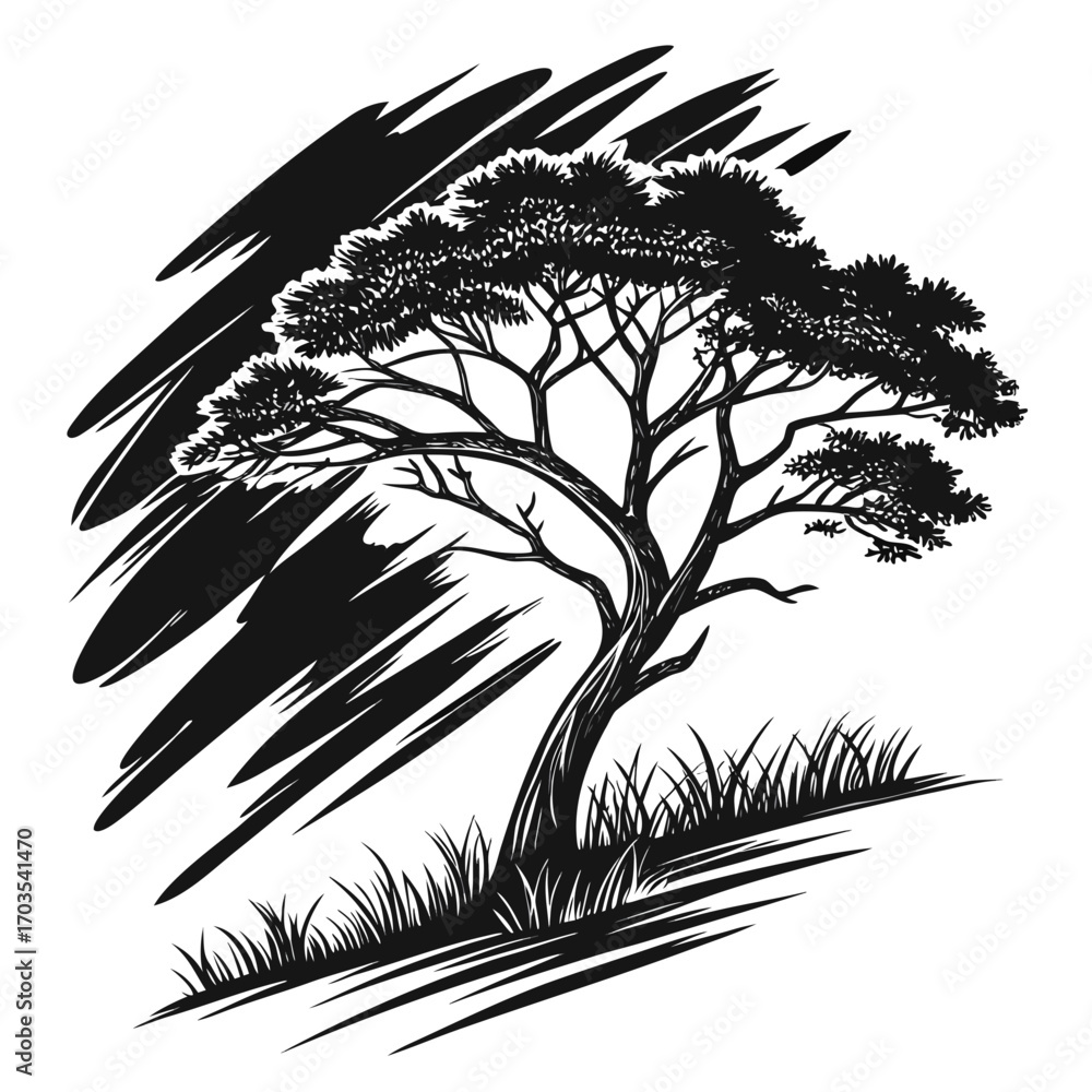 Poster illustration of a stylized tree with grass and abstract dark background strokes on white paper creat