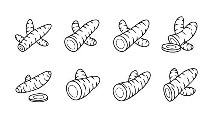 Collection of stylized ginger root and slices in a simple line drawing silhouette