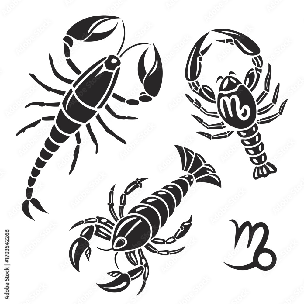 Poster three stylized scorpions in black and white with a capricorn symbol on a white background design cre