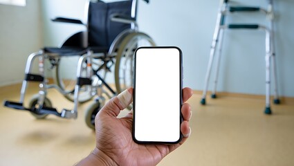 A hand holding a blank smartphone in a hospital room, with a wheelchair and walking aids in the background.