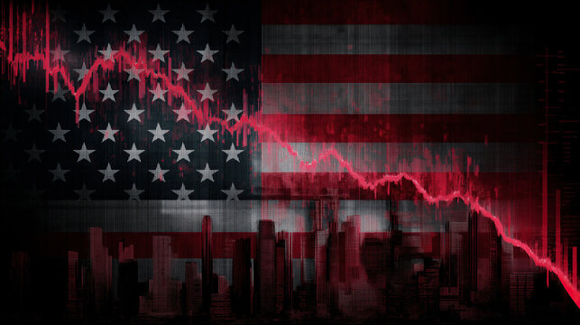 American flag backdrop emphasizes national economic challenges through declining financial metrics.