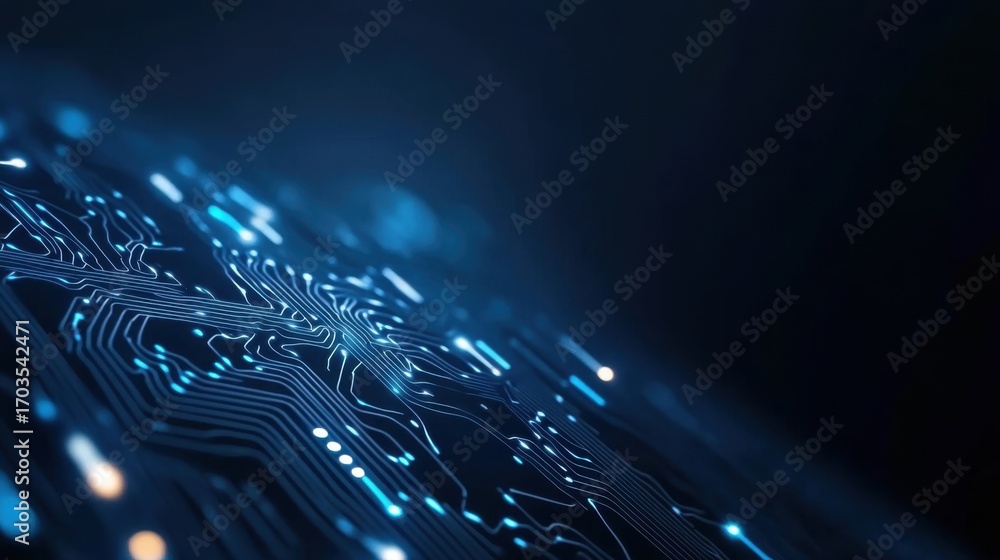 Poster abstract blue circuit board background with glowing lights and lines