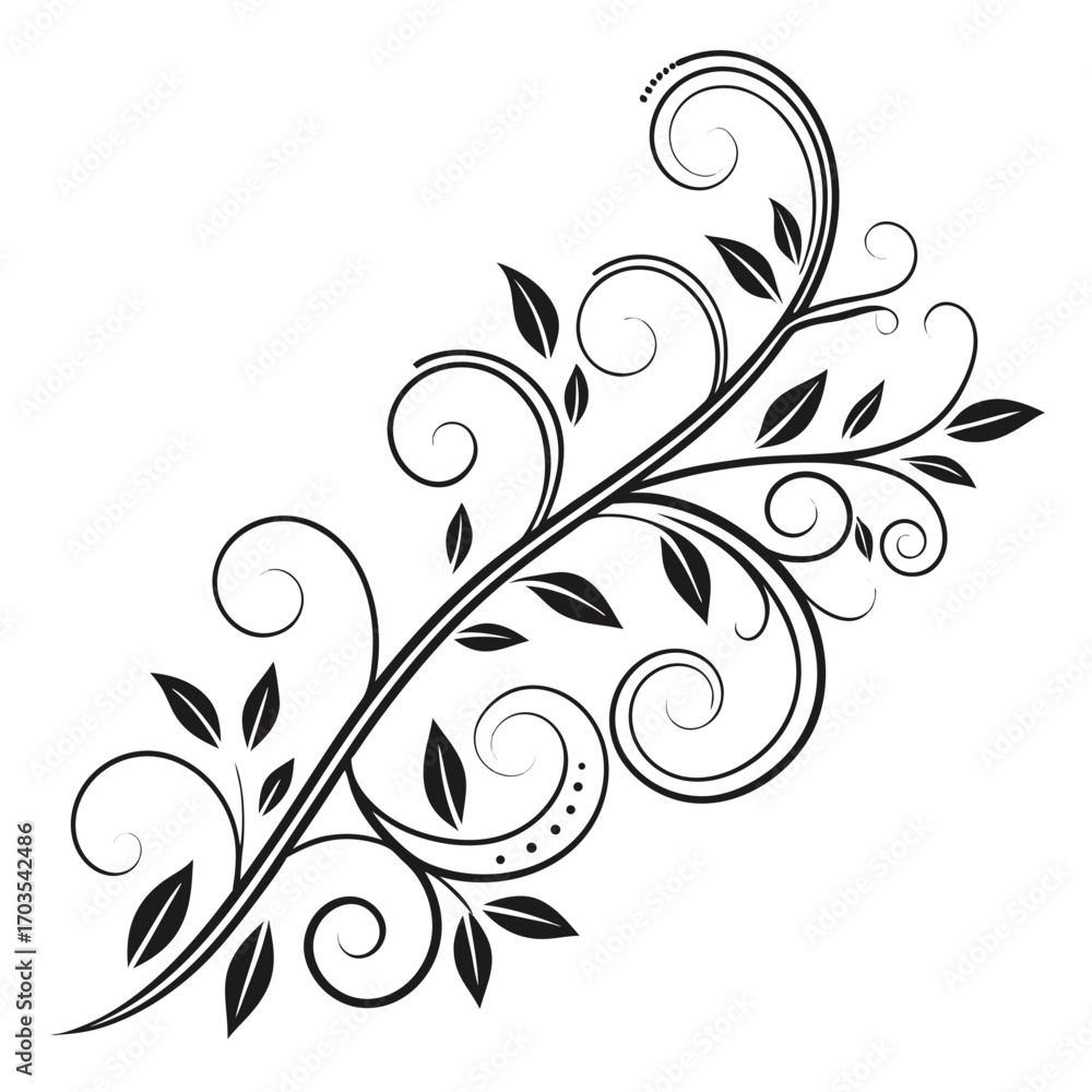 Poster elegant floral design featuring a swirling stem with leaves and decorative curls on a white backgrou