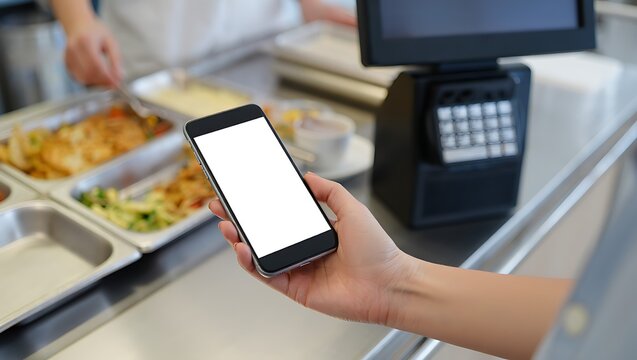 A person holding a smartphone in a busy cafeteria, likely for ordering or paying.