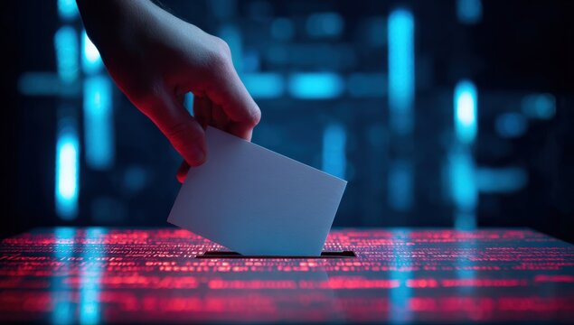 Hand placing a ballot in a digital voting box