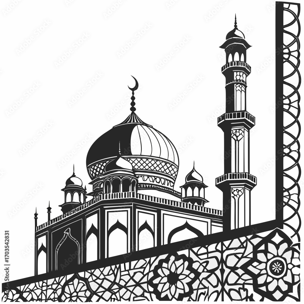 Poster illustration of a detailed mosque with a crescent moon and intricate border design in black and whit