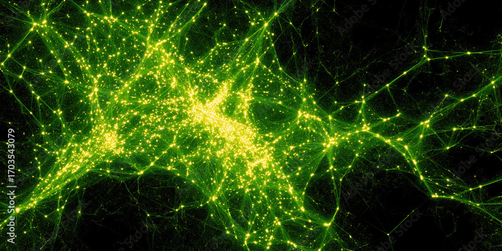 Poster intricate green digital network visualizes complex data connections through glowing technological co