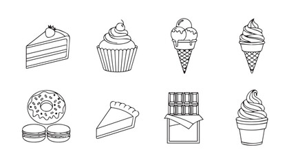Collection of sweet dessert treats in a simple outline silhouette style