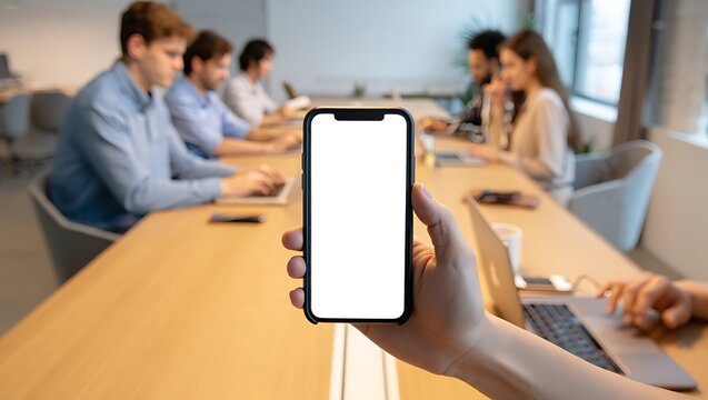A person's hand holds a smartphone with a blank white screen, while a team of colleagues works in a blurred office meeting background. - Powered by Adobe