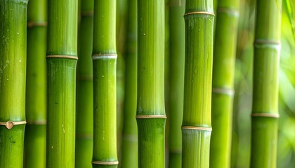 Vertical green bamboo stalks with segmented nodes and smooth texture