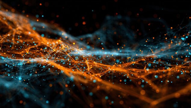 Abstract digital art featuring swirling, interconnected particles in vibrant orange and teal hues against a black backdrop