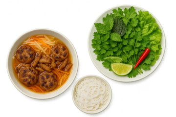 Vietnamese Bun Cha with fresh herbs isolated on transparent background