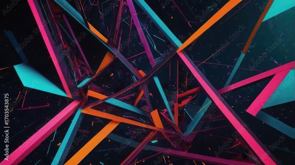Poster abstract geometric shapes in vibrant colors create a dynamic visual experience in a dark space
