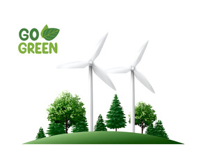 The image showcases wind turbines on a grassy hill, surrounded by trees, with a "Go Green" message promoting environmental sustainability.