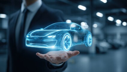 A businessman's hand hovers over a holographic car design