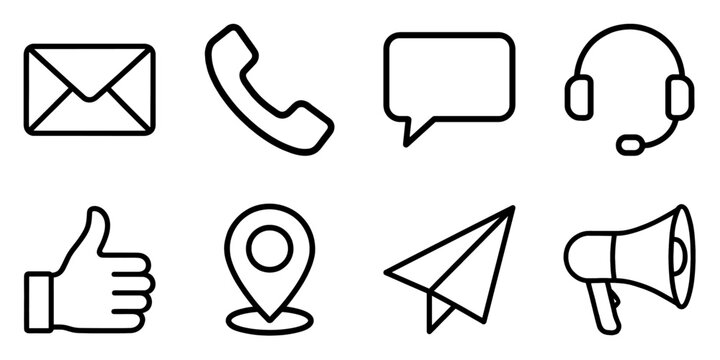 Minimal black line communication icons set. email, phone, chat, support, location, thumbs up, paper plane, megaphone