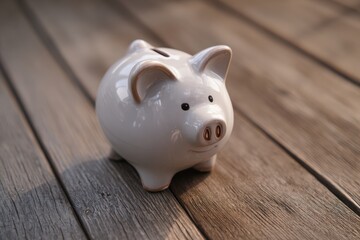 White piggy bank on wooden planks (1)