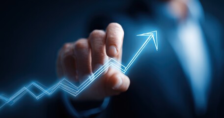 A hand touches a growing arrow graphic