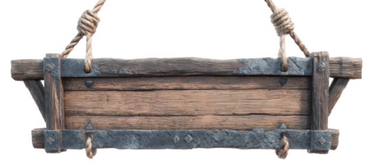 High quality photo of rustic wooden sign hanging by ropes isolated on transparent background.