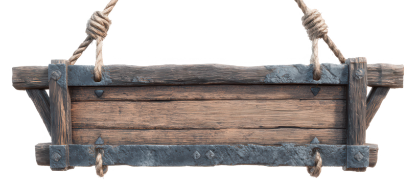 High quality photo of rustic wooden sign hanging by ropes isolated on transparent background.