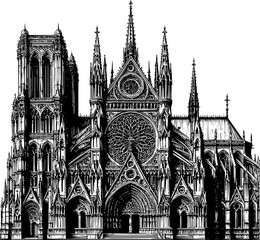 Fototapeta premium Detailed black and white vector of Gothic cathedral, intricate architectural line art, clear outlines, elegant historical building illustration, scalable