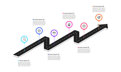Business road map timeline infographic arrow concept. with icons and 6 steps, Corporate milestones graphic elements. workflow layout, diagram, report, web design. Creative, Vector illustration.