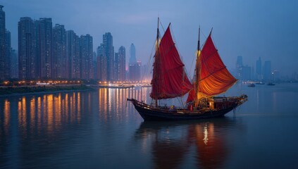 A traditional Chinese sailboat at dusk