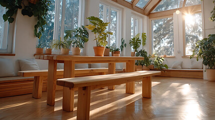 Fototapeta premium A bright, inviting room with wooden furniture and various plants, illuminated by sunlight streaming through large windows.