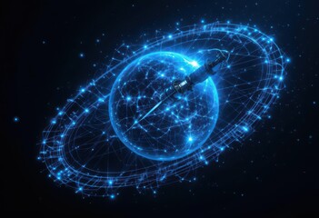Obraz premium Celestial Guardian Modern Spacecraft Encircling a Resplendent Aquamarine Globe, Dotted with Brilliant Blue Communication Pathways