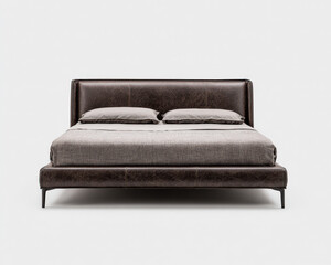 Cama de diseño minimalista de cuero marron envejecito con patas metalicas sobre fondo blanco