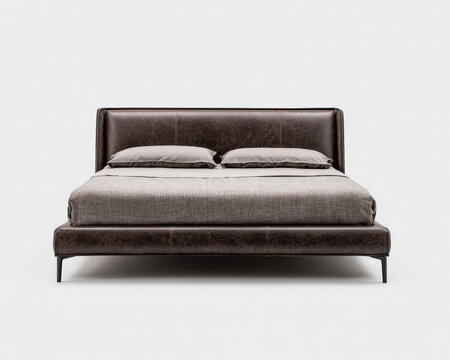Cama de dise&ntilde;o minimalista de cuero marron envejecito con patas metalicas sobre fondo blanco