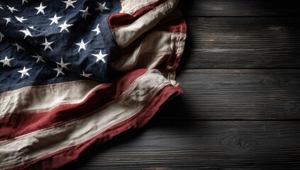 American flag draped on dark wooden planks