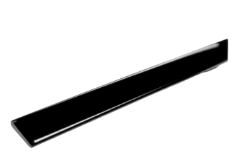 A single, unbroken strip of deep inky black obsidian, highly polished with razor-sharp edges, perfectly smooth, on a transparent studio background, diagonal. Concept of minimalist elegance and