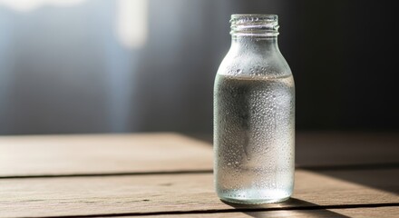 Glass bottle of cold water with condensation on a rustic wooden table