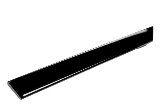 A single, unbroken strip of deep inky black obsidian, highly polished with razor-sharp edges, perfectly smooth, on a transparent studio background, diagonal. Concept of minimalist elegance and