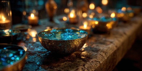 Candles and bowls in warm glow