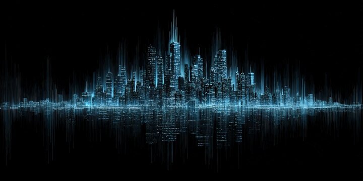 Abstract digital cityscape with light trails