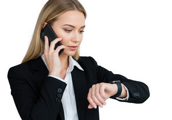Businesswoman checking smartwatch while talking on phone isolated on transparent background